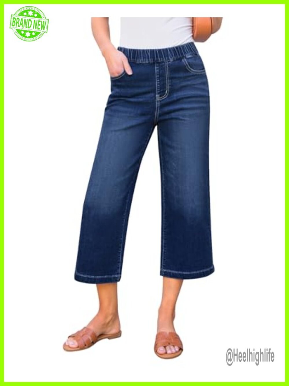 Wide Leg High Waisted Pull On Stretchy Denim Capri Jeans with Pockets